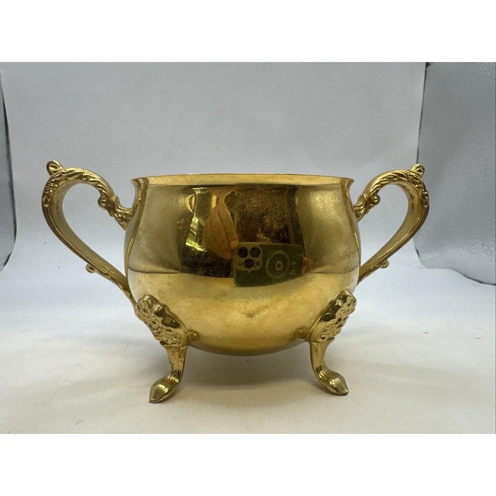Vintage Footed Brass Metal Footed Creamer & Sugar Bowl   Set